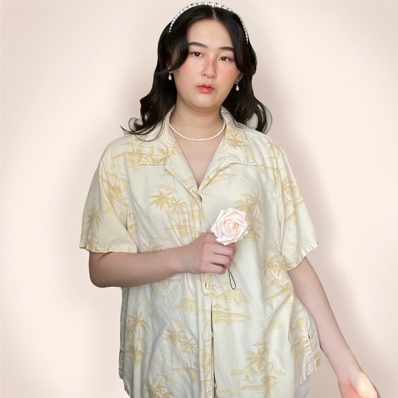 Vintage cream tropical palm tree print silk short - Picture 3 of 4